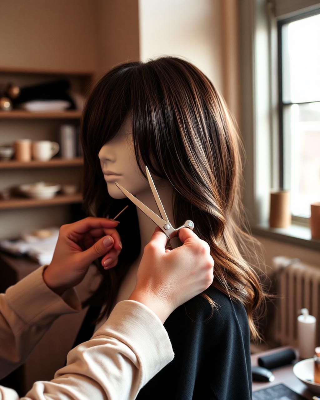 A stylist gently shaping a wig with scissors
